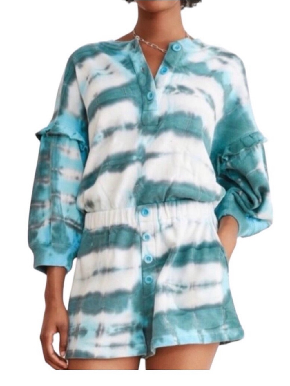 Something Navy Esmeralda Blue Tye Dye Henley Romper Size Large